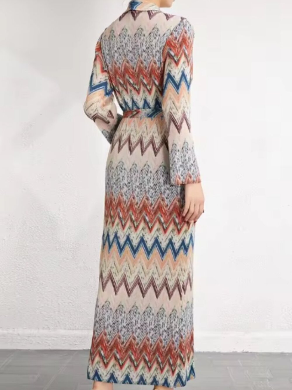 Multi-Color Boho Chevron Pleated Trench Duster Jacket with Belt - One Size - Picture 12 of 15